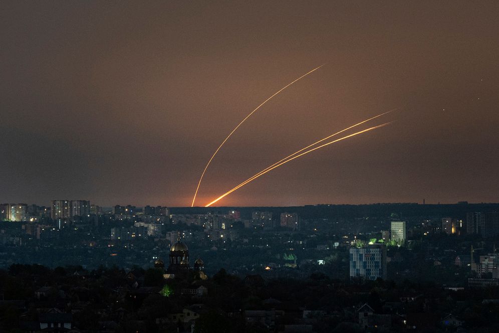 Russian rockets are launched against Ukraine from Russia's Belgorod region, seen from Kharkiv, Ukraine, on Thursday, April 18, 2024.