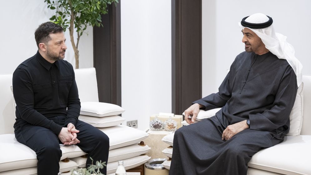Official handout photo Ukraine's Zelensky with UAE President Sheikh Mohamed bin Zayed Al Nahyan