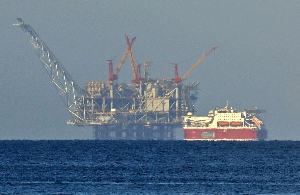 A view of the platform of the Leviathan natural gas field in the Mediterranean Sea is pictured from the Israeli northern coastal city of Caesarea on December 19, 2019.