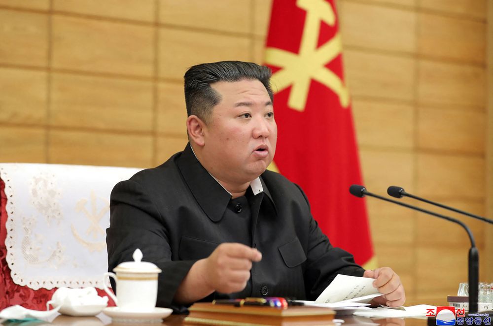 North Korean leader Kim Jong Un attending an emergency consultative meeting in Pyongyang, North Korea, on May 15, 2022.