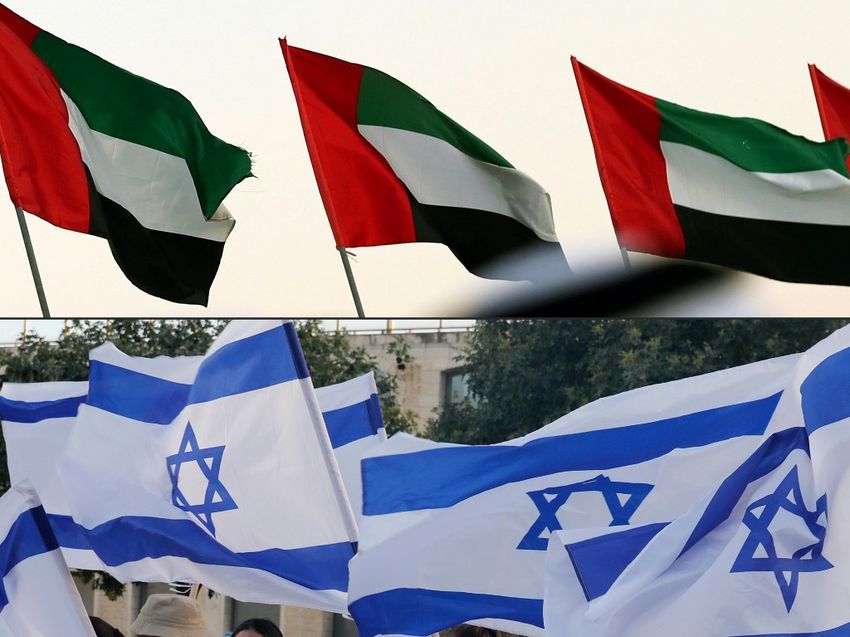 الأعلام الإماراتية في العاصمة أبوظبي (أعلى) والأعلام الإسرائيلية في مدينة القدس
