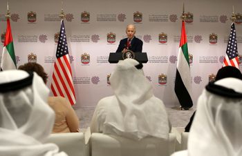 Then U.S. Vice President Joe Biden speaks during a conference with young Emirati entrepreneurs in Dubai, United Arab Emirates, Tuesday, March 8, 2016