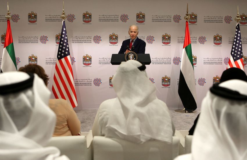 Then U.S. Vice President Joe Biden speaks during a conference with young Emirati entrepreneurs in Dubai, United Arab Emirates, Tuesday, March 8, 2016