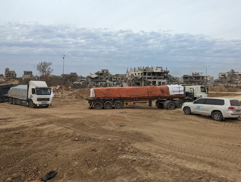 Humanitarian aid trucks entering the northern Gaza Strip.