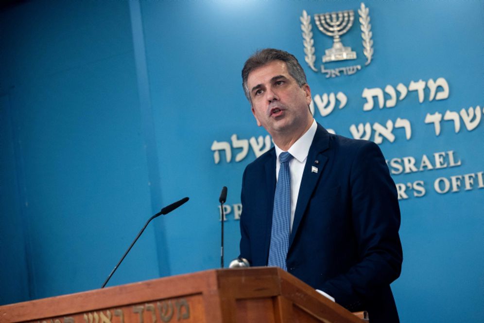 Yonatan Sindel/Flash90 Foreign Minister Eli Cohen seen during a press conference, at the Prime Minister's office in Jerusalem.