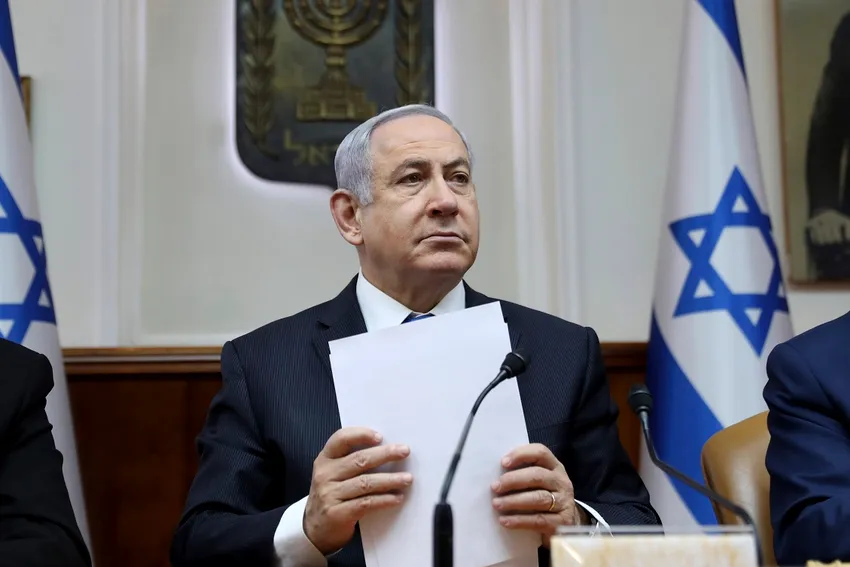 Israeli Prime Minister Benjamin Netanyahu chairs the weekly cabinet meeting, in Jerusalem, Sunday, Feb. 16, 2020