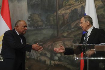 Russian Foreign Minister Sergei Lavrov (R) shakes hands with his Egyptian counterpart Sameh Shoukry during a joint press conference following their talks in Moscow, Russia.