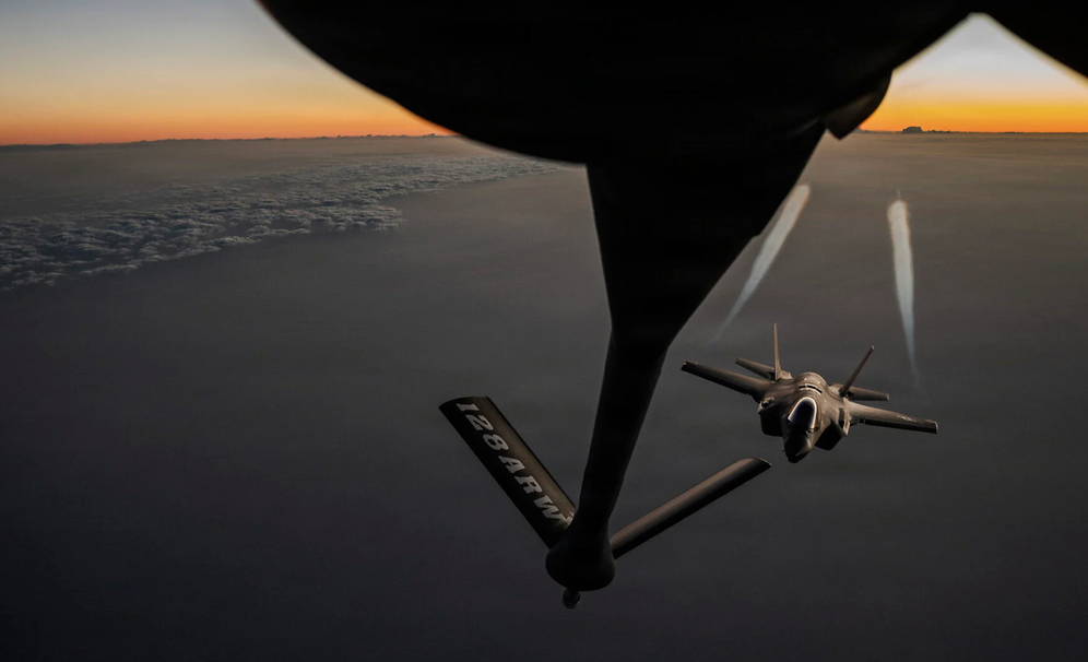 US Air Force photo A US Air Force KC-135 Stratotanker aircraft refuels a F-35A Lightning II aircraft during Operation Epic Fury in the US Central Command area of responsibility April 5, 2026.