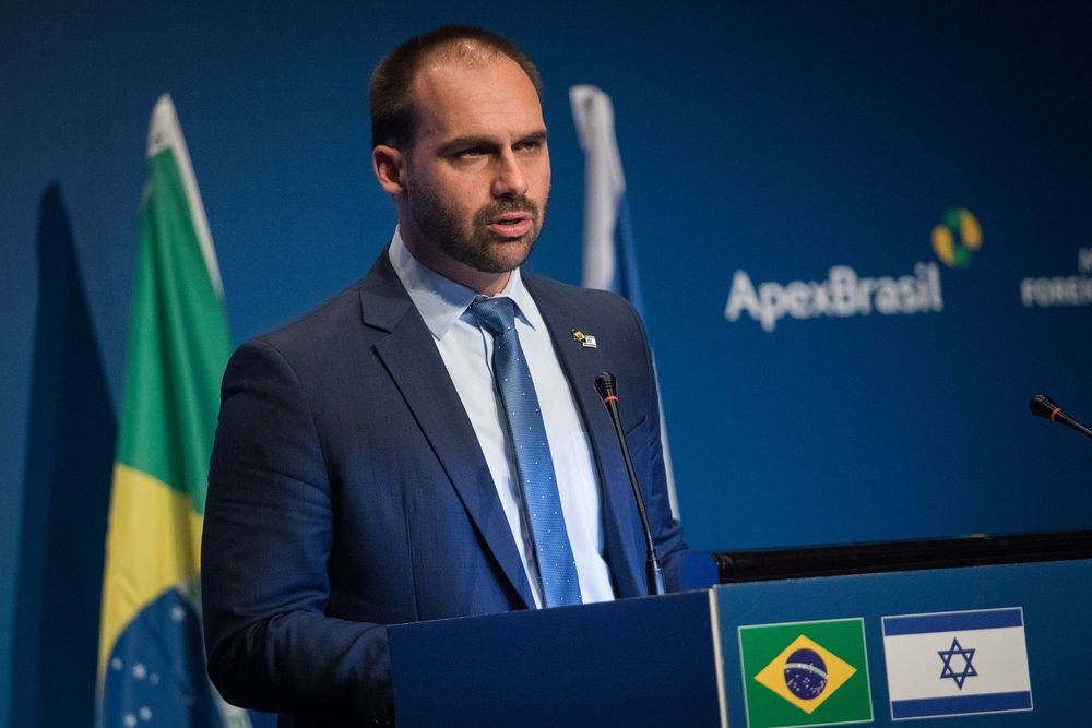 Eduardo Bolsonaro, Brazilian federal deputy and son of Brazilian President Jair Bolsonaro, speaks at an event opening the Brazilian Trade and Investment Promotion Agency in Jerusalem, on December 15, 2019.