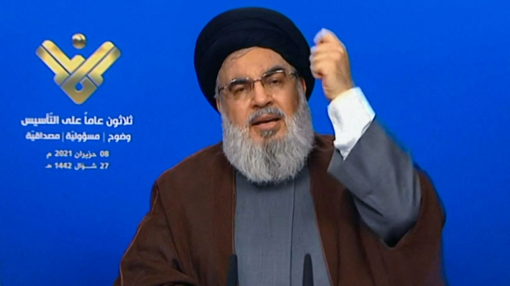 Screenshot from June 8, 2021, showing Hezbollah leader Hassan Nasrallah giving a televised speech