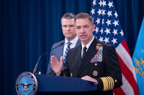 Adm. Brad Cooper speaks to members of the media during a press briefing with Defense Secretary Pete Hegseth, left, at the Pentagon, Thursday, April 16, 2026 in Washington AP