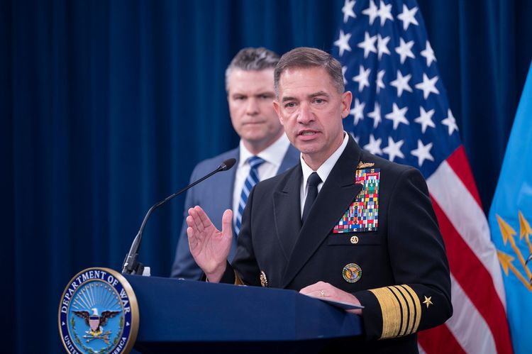 Adm. Brad Cooper speaks to members of the media during a press briefing with Defense Secretary Pete Hegseth, left, at the Pentagon, Thursday, April 16, 2026 in Washington