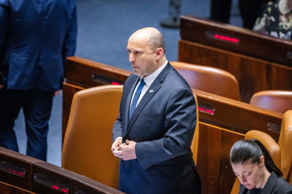 Former Israeli prime minister Naftali Bennett during a discussion and a vote on a bill to dissolve the Knesset, at the assembly hall of the Israeli parliament