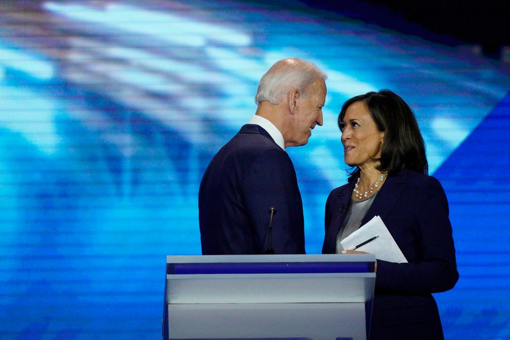 Democratic presidential candidates former Vice President Joe Biden, left, and Sen. Kamala Harris, D-Calif. shake hands Thursday, Sept. 12, 2019, after a Democratic presidential primary debate hosted by ABC at Texas Southern University in Houston.