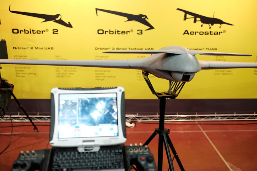 A drone on display at the UVID Dronetech conference in Tel Aviv, Israel.