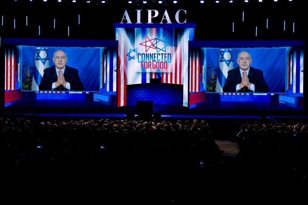 AP Photo/Jose Luis Magana 2019© Israeli Prime Minister Benjamin Netanyahu speaks on a video from Israel to the 2019 American Israel Public Affairs Committee (AIPAC) policy conference in Washington, Tuesday, March 26, 2019.