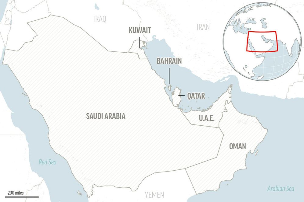 (AP Photo) AP Locator map for the Gulf Cooperation Council member states: Saudi Arabia, Bahrain, Qatar, Oman, Kuwait and United Arab Emirates.