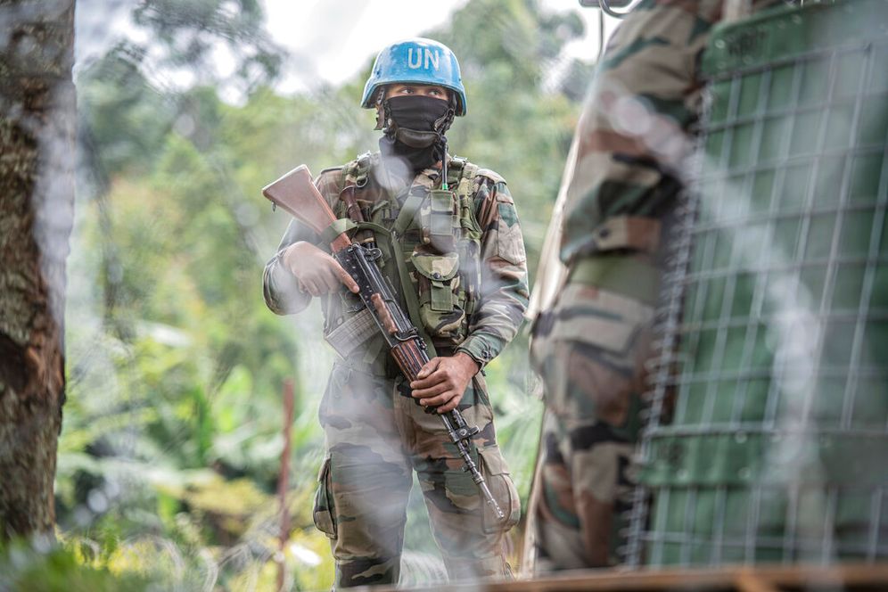 A UN blue helmet peacekeeper near Kibumba, north of Goma, Democratic Republic of Congo, on January 28, 2022.