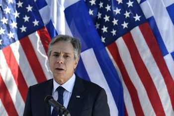 U.S. Secretary of State Antony Blinken delivers a speech in Athens, Greece.