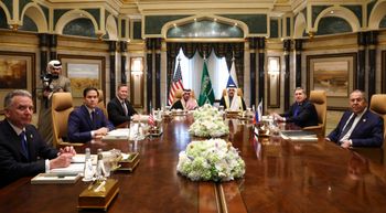 US Secretary of State Marco Rubio (second left) meets with Saudi Foreign Minister Prince Faisal bin Farhan Al Saud, Saudi National Security Advisor Mosaad bin Mohammad Al-Aiban, US National Security Advisor Mike Waltz (third left), US Middle East envoy Steve Witkoff (far left), Russian Foreign Minister Sergei Lavrov (far right), and Russian President Vladimir Putin's foreign policy advisor Yuri Ushakov (second right), at Diriyah Palace, in Riyadh, Saudi Arabia