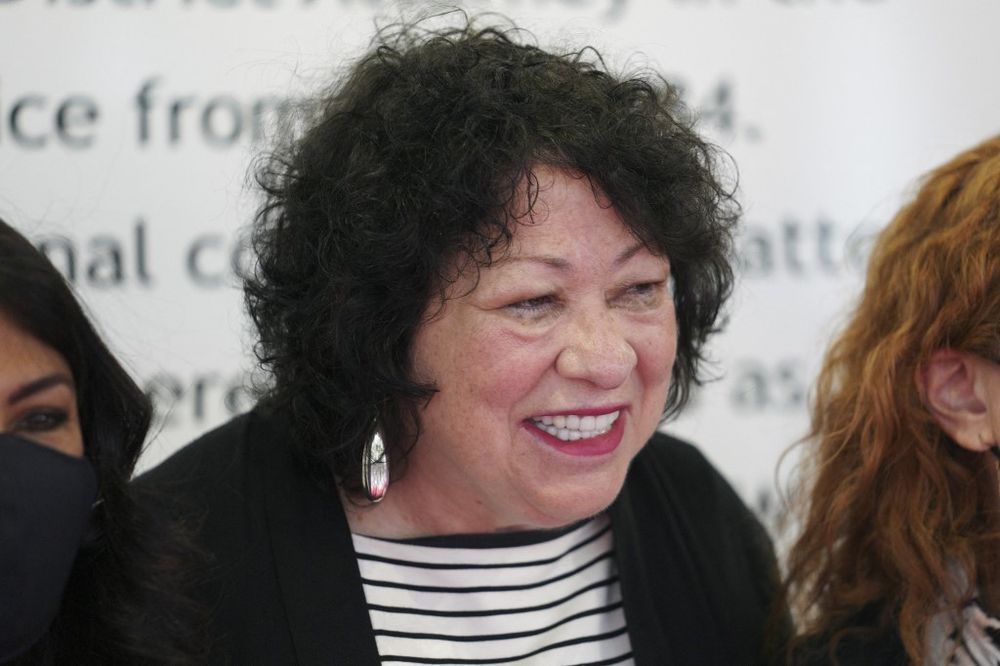 Supreme Court Associate Justice Sonia Sotomayor speaks with attendees after the unveiling of a sculpture of herself at the Bronx Terminal Market, on September 8, 2022, in New York, US.