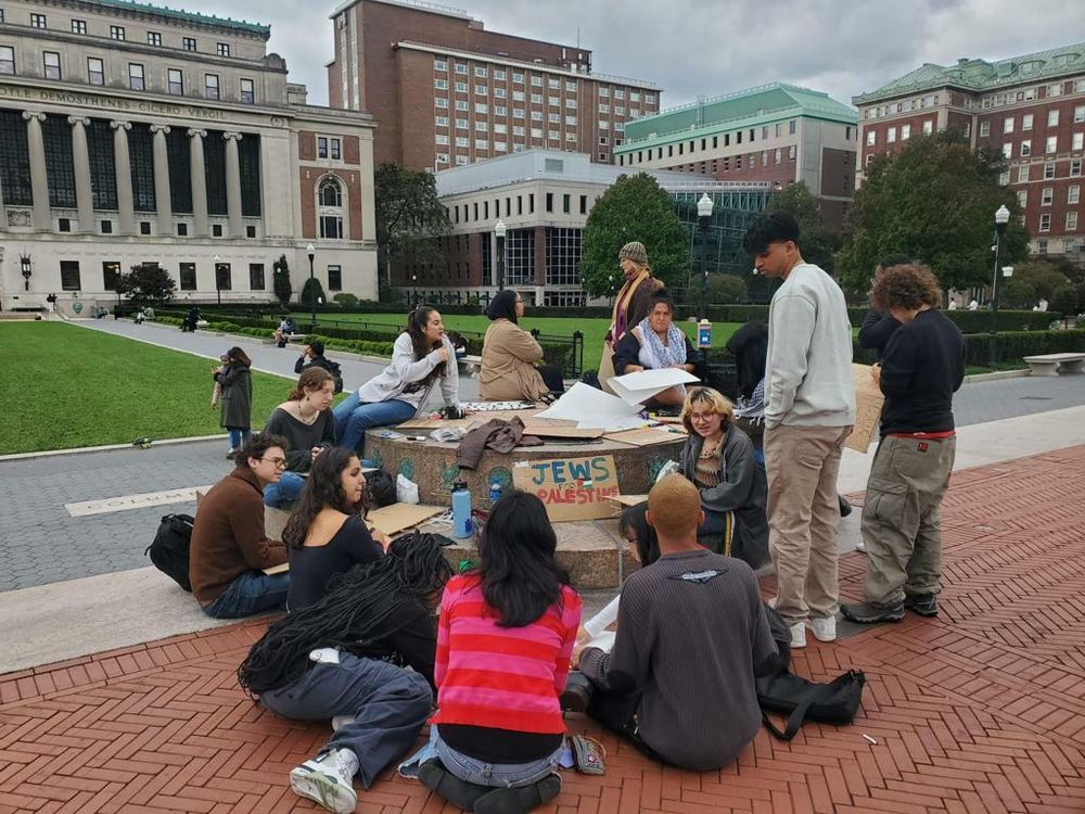 Student participants of the group Jews for Palestine hold a meeting on the Columbia University campus, New York.