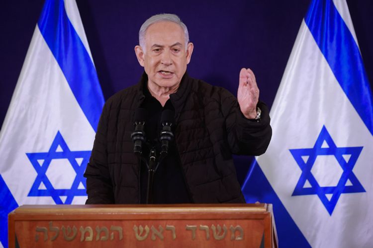 Le Premier ministre israélien Benjamin Netanyahou, lors d'une conférence de presse conjointe au ministère de la Défense, à Tel Aviv, le 11 novembre 2023