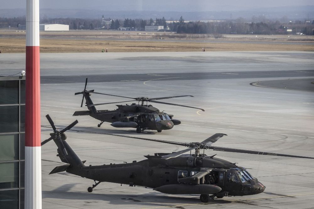 U.S. Blackhawk helicopters are seen at Rzeszow-Jasionka Airport, southeastern Poland.