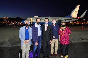 (L-R) US Representatives Alan Lowenthal, John Garamendi, Don Beyer and Aumua Amata Coleman Radewagen posing with Taiwanese diplomat Douglas Yu-tien Hsu (C) after arriving at Sungshan Airport in Taipei, Taiwan.