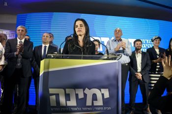 Yamina party chairwoman Ayelet Shaked speaks at the Yamina party headquarters on elections night in Ramat Gan, on September 17, 2019.
