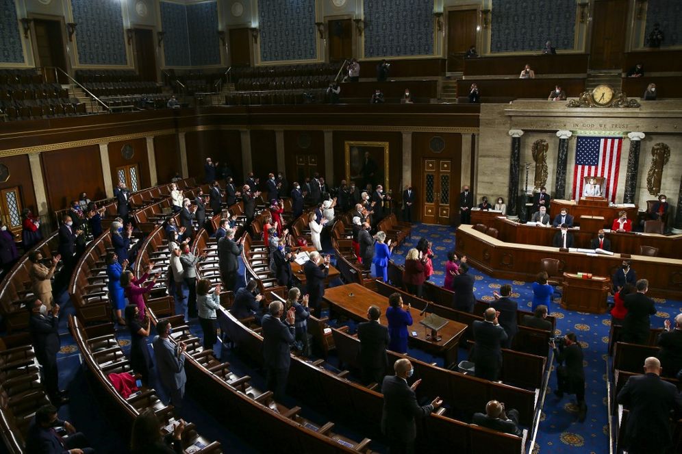 Getty Images via AFP phto / GETTY IMAGES NORTH AMERICA / TASOS KATOPODIS Speaker of the House Nancy Pelosi (D-CA) speaks during the first session of the 117th Congress in the House Chamber at the US Capitol on January 03, 2021 in Washington, DC.