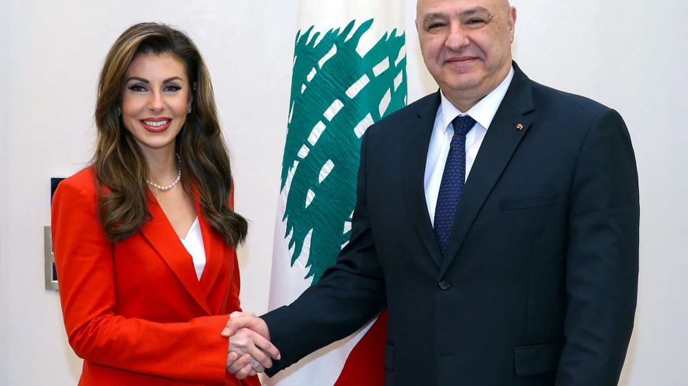 U.S. deputy Mideast envoy Morgan Orgatus (L) with Lebanese President Joseph Aoun
