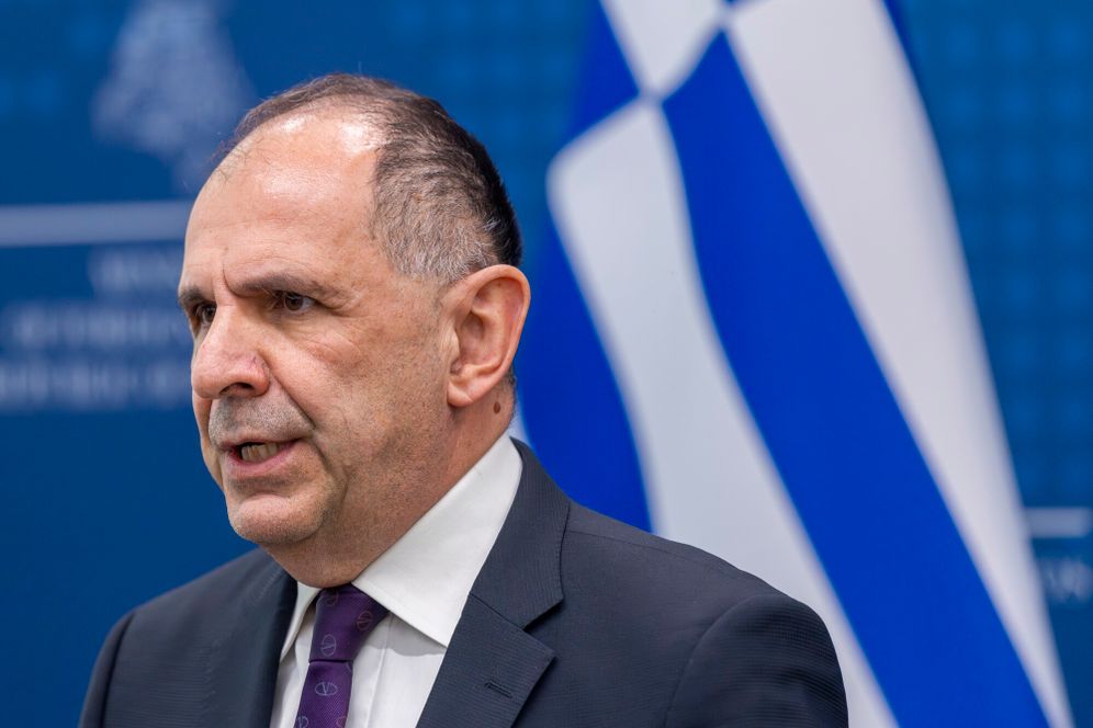 AP Photo/Mindaugas Kulbis Greek Foreign Minister George Gerapetritis speaks during a joint media conference with Lithuania's Foreign Minister Kestutis Budrys at the Ministry of Foreign Affairs in Vilnius, Lithuania, Wednesday, Jan. 29, 2024.