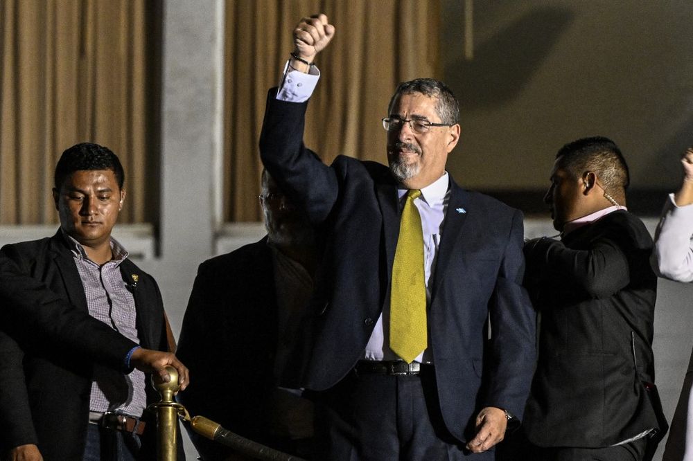 Guatemalan presidential candidate for the Semilla party, Bernardo Arevalo, celebrates the results of the presidential run-off election in Guatemala City.