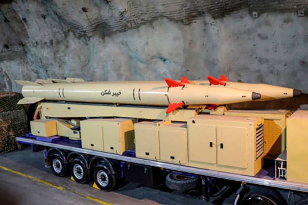 The "Khaibar-buster" surface-to-surface missile on display at an undisclosed location in Iran, February 9, 2022.