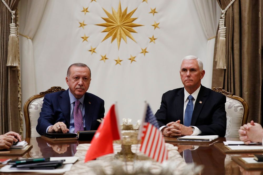 Vice President Mike Pence meets with Turkish President Recep Tayyip Erdogan at the Presidential Palace for talks on the Kurds and Syria, Thursday, Oct. 17, 2019, in Ankara, Turkey.