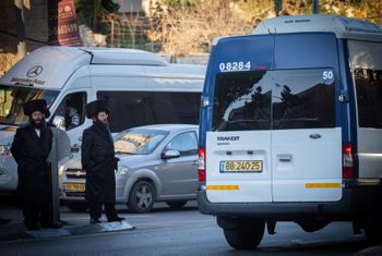 Ultra orthodox jewish men protest against public transportation on Shabbat outside the Ultra Orthodox jewish neighborhood of Mea Shearim, Jerusalem