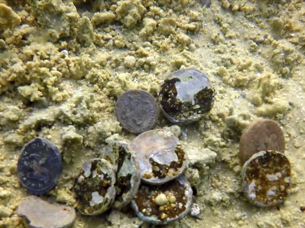 The underwater discovery of the ancient coins near Caesarea, during an underwater survey, December 2021.