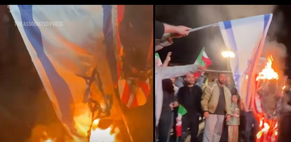 Des Iraniens brûlent les drapeaux israélien et américain à Téhéran, après l'annonce du cessez-le-feu.