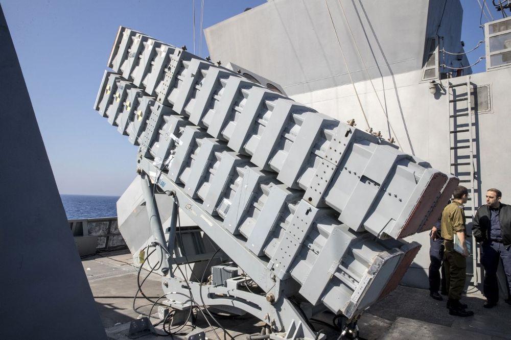 Missile boxes "Gabriel" are seen onboard the Israeli vessel Saar 5 Class Corvette "INS Hanit" during the "Novel Dina 17" training session in the Mediterranean Sea on April 4, 2017.