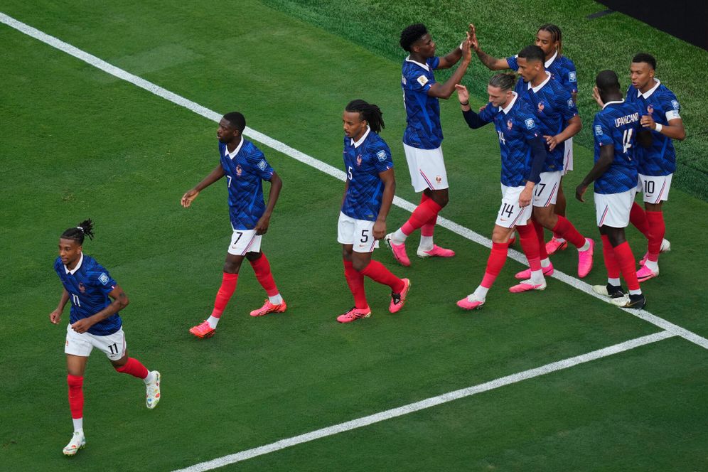 AP Photo/Yuki Iwamura France's Bradley Barcola (12) celebrates scoring their second goal with teammates during the World Cup round of 32 soccer match between France and Sweden in East Rutherford, N.J., near New York, Tuesday, June 30, 2026.