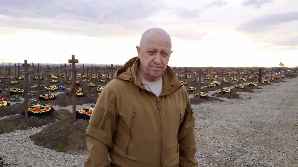 Yevgeny Prigozhin at a cemetery for fallen Wagner fighters in the settlement of Goryachiy Klyuch in the southern Russian Krasnodar region.