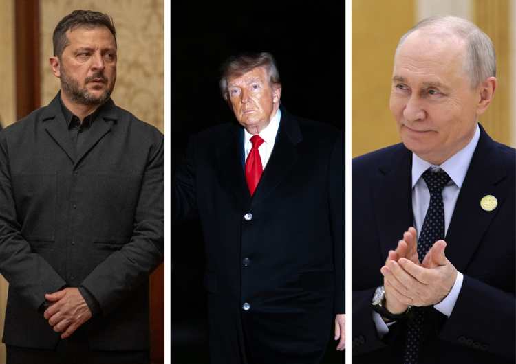 (Left to Right) Ukrainian President Volodymyr Zelensky, US President Donald Trump, Russian President Vladimir Putin