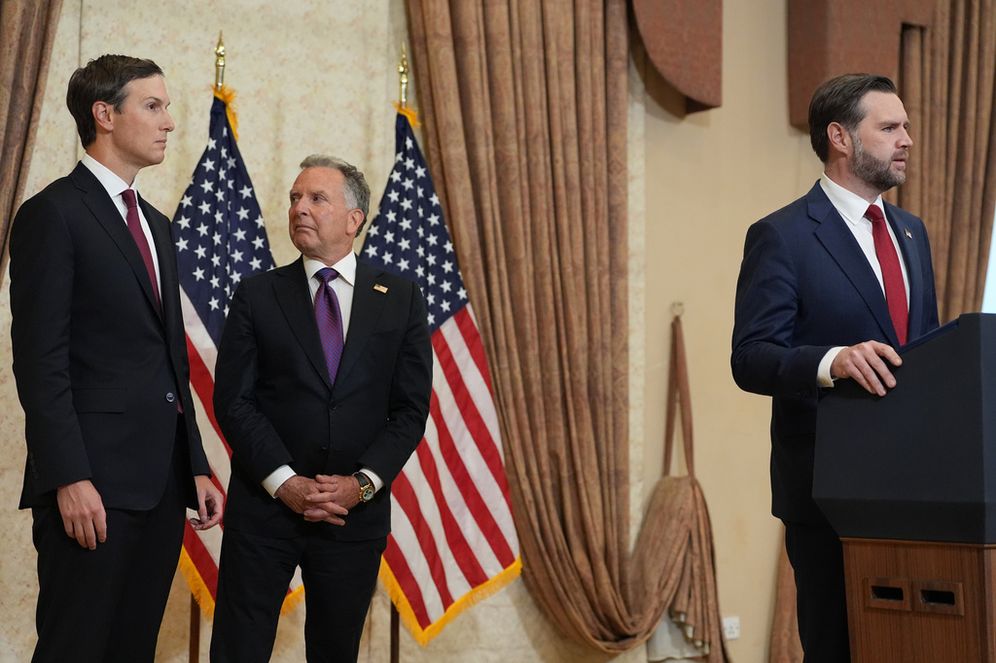 (AP Photo/Jacquelyn Martin, Pool) Vice President JD Vance, right, speaks during a news conference after meeting with representatives from Pakistan and Iran as Jared Kushner, left, and Steve Witkoff, Special Envoy for Peace Missions listen, on Sunday, April 12, 2026, in Islamabad, Pakistan