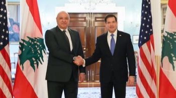 Secretary of State Marco Rubio (R) shaking hands with the President of Lebanon Joseph Aoun (L)