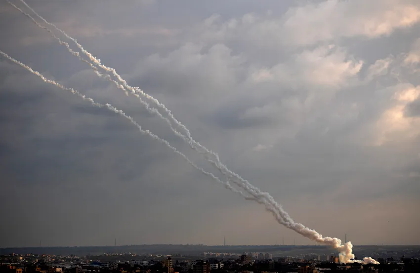 Rockets are launched from the Gaza Strip towards Israel, Monday, Feb. 24, 2020.