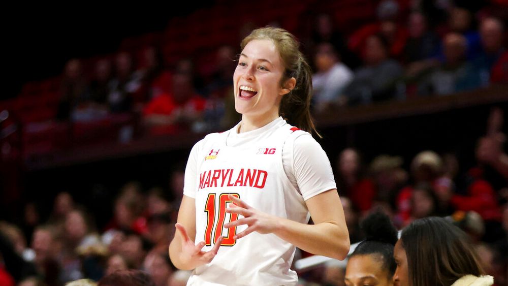Maryland guard Abby Meyers gestures to teammates during the second half of an NCAA college basketball game College Park, Maryland, United States.