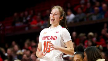 Maryland guard Abby Meyers gestures to teammates during the second half of an NCAA college basketball game College Park, Maryland, United States.