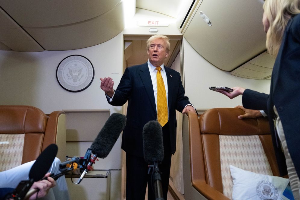 AP Photo/Alex Brandon President Donald Trump speaks with reporters in flight on Air Force One after landing at U.S. Air Force Base at RAF Mildenhall, in Suffolk, Eastern England, Wednesday, July 8, 2026.