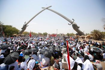Followers of Shiite cleric Moqtada al-Sadr gather within the Green Zone in Baghdad, Iraq, on August 5, 2022.